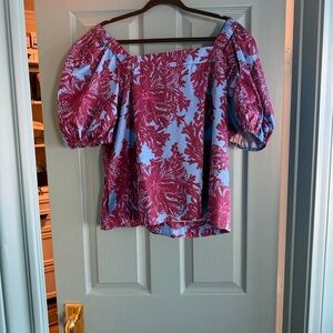 Lilly Pulitzer Blue, purple,  Pink Floral Torrey short sleeve blouse size 16 NWT